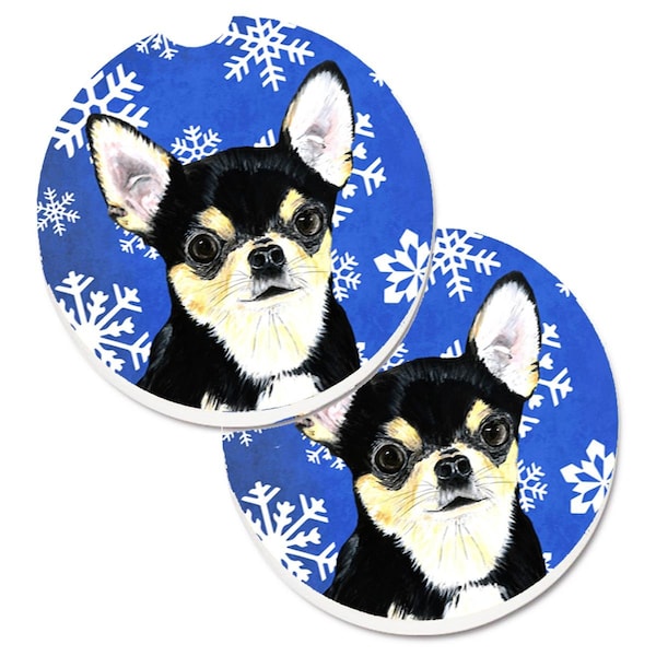 Carolines Treasures Chihuahua Winter Snowflakes Holiday Set of 2 Cup Holder Car Coaster SC9399CARC - main